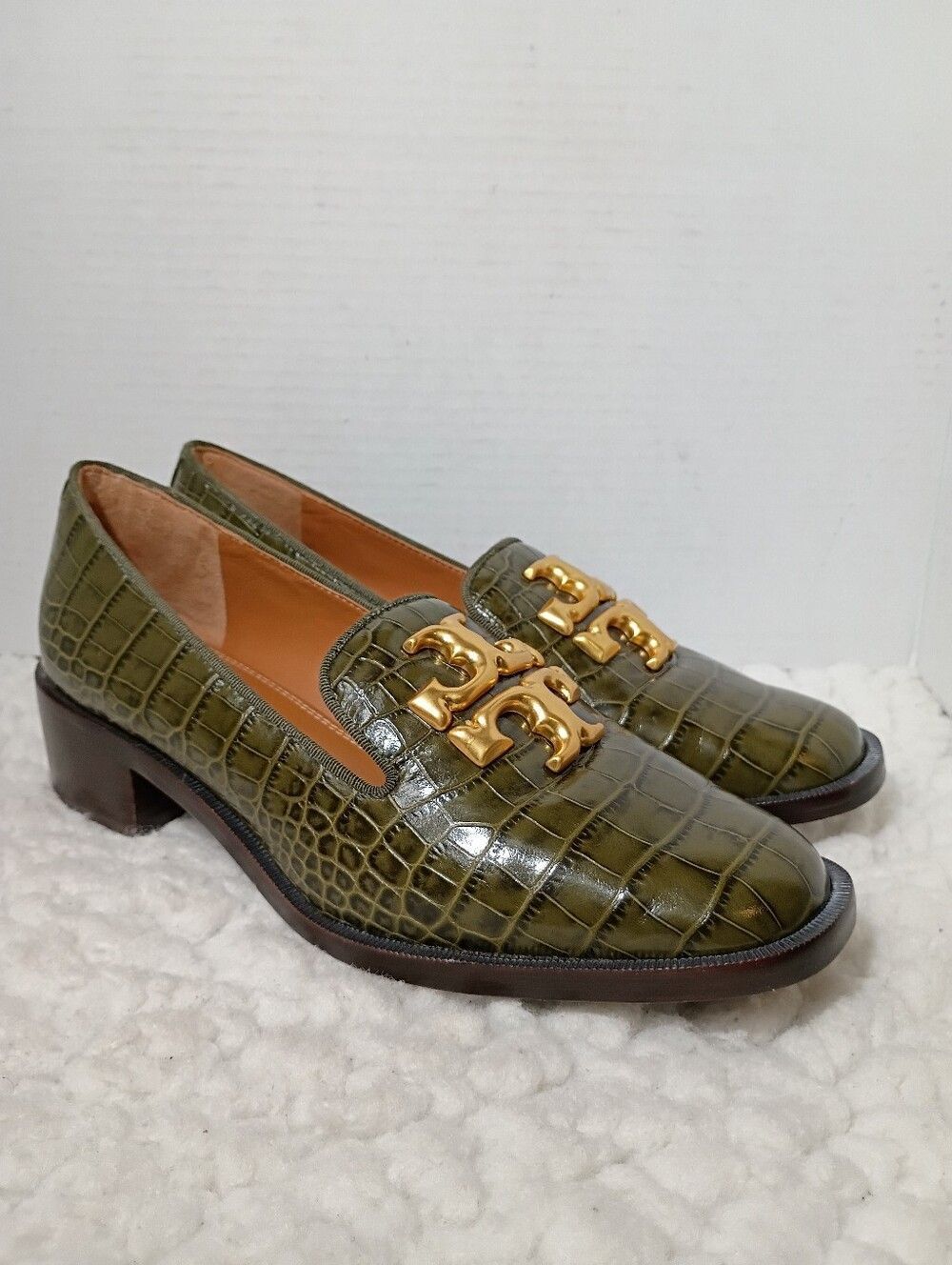Tory Burch Eleanor Heeled Loafer 8.5 Green Croco Emboss Leccio Gold Logo Bazil